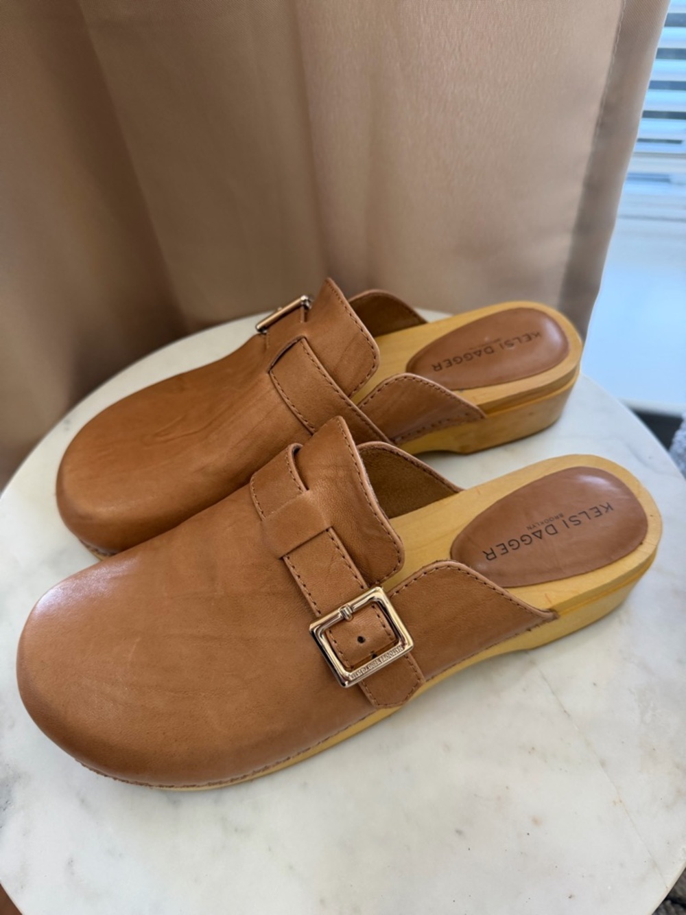 NEW! Kelsi Dagger Cognac Leather Buckle Clogs